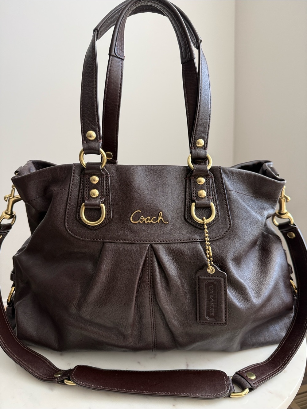 Coach Ashley Chocolate Brown Leather Shoulder Tote with Gold Hardware - Picture 2 of 15